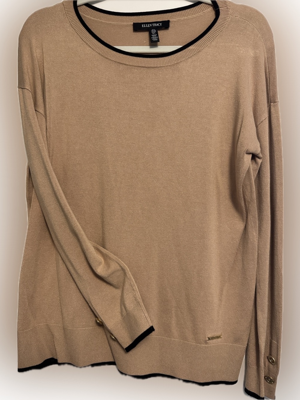 Ellen Tracy Camel/Tan Crewneck Sweater with Black Trim
